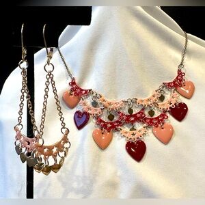 Pink & Burgundy multi-tiered heart necklace and chandelier earrings
